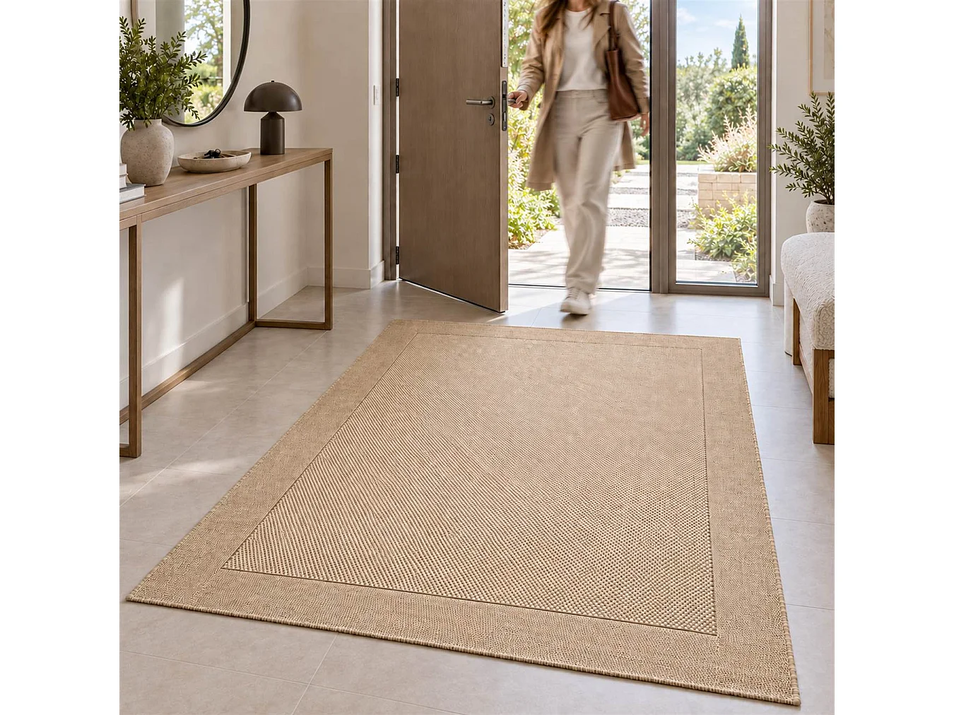 The White Stone Tappeto 160x230 cm Beige con Cornice per Interno ed Esterno | Resistente ai Raggi UV e all'Acqua, Lavabile | Tappeto in Polipropilene con Tessitura