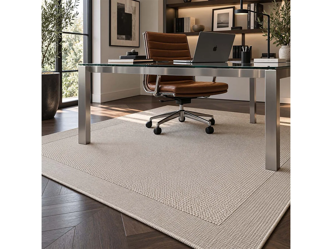 The White Stone Outdoor Teppich mit Bordüre 140x200 cm Grau | Für innen und außen, UV-beständig, wasserfest und waschbar | Flachgewebe aus Polypropylen in