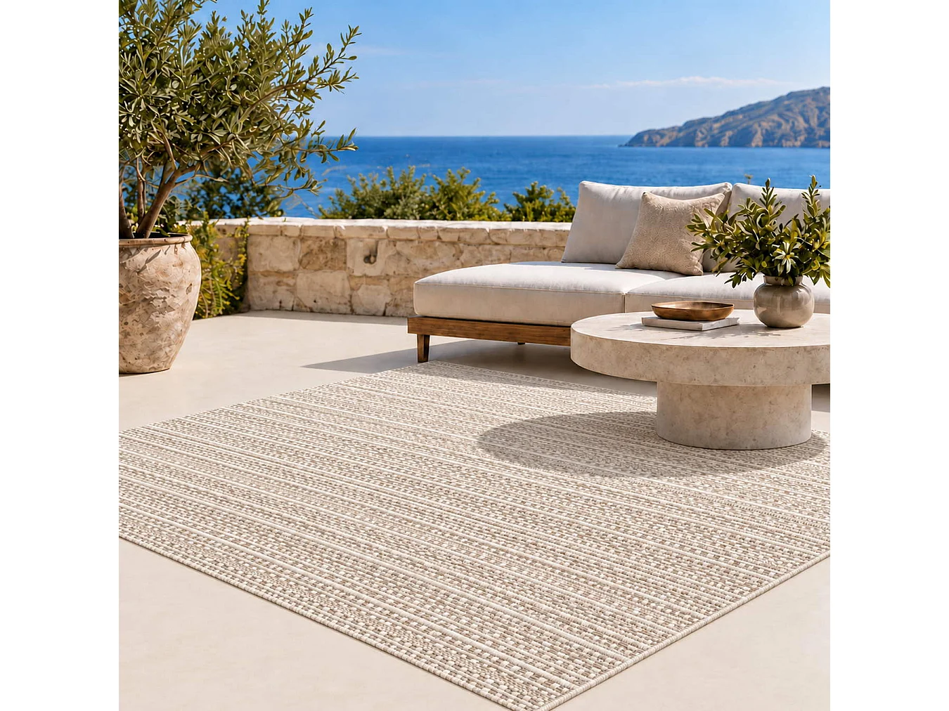 The White Stone Outdoor Teppich mit Streifen 160x230 cm Taupe | Für innen und außen, UV-beständig, wasserfest und waschbar | Flachgewebe aus Polypropylen in