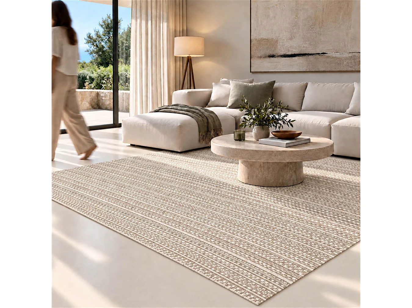 The White Stone Outdoor Teppich mit Streifen 160x230 cm Taupe | Für innen und außen, UV-beständig, wasserfest und waschbar | Flachgewebe aus Polypropylen in