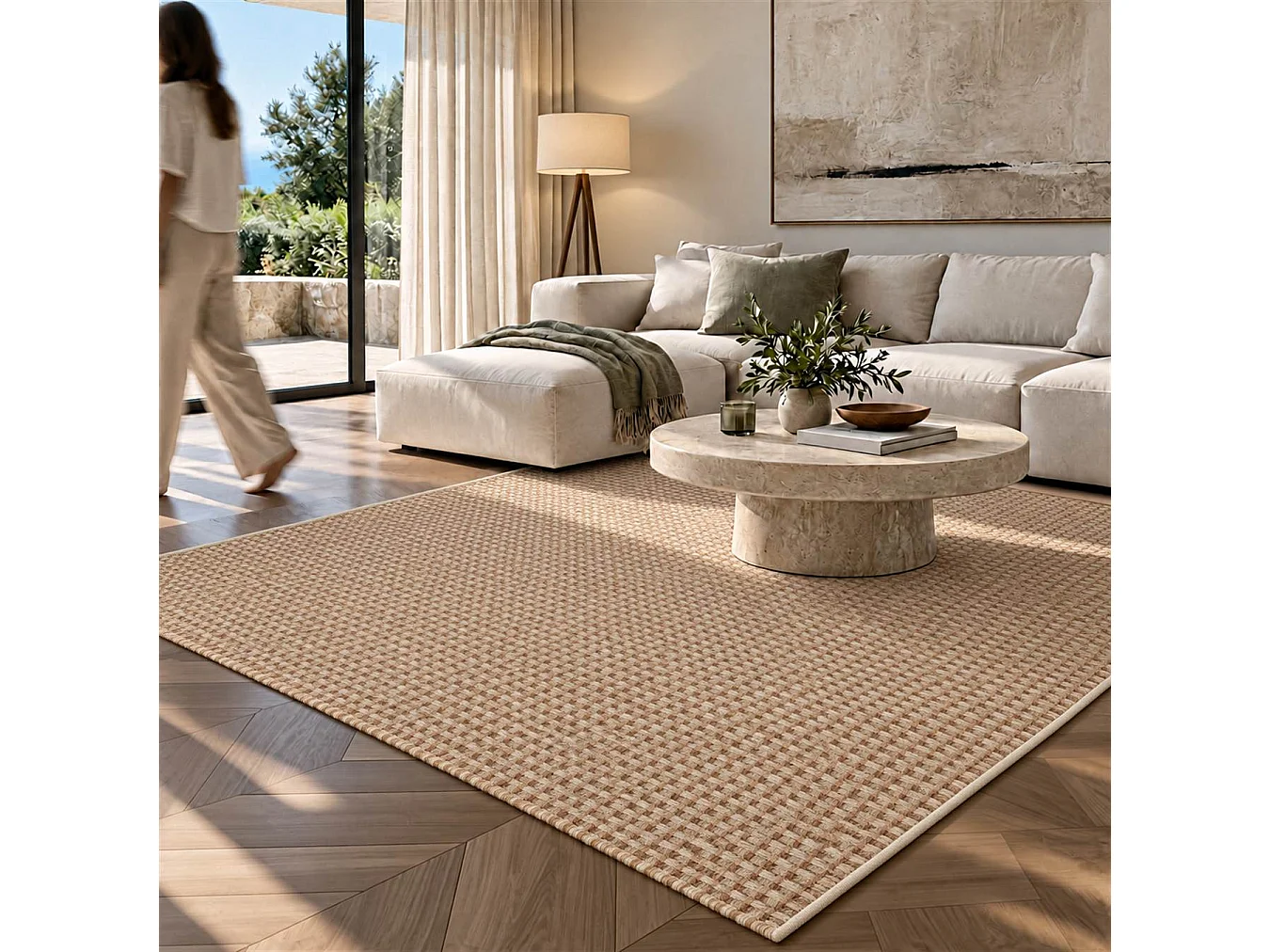 The White Stone Outdoor Teppich mit Karomuster 200x290 cm Karamell | Für innen und außen, UV-beständig, wasserfest und waschbar | Flachgewebe aus Polypropylen in