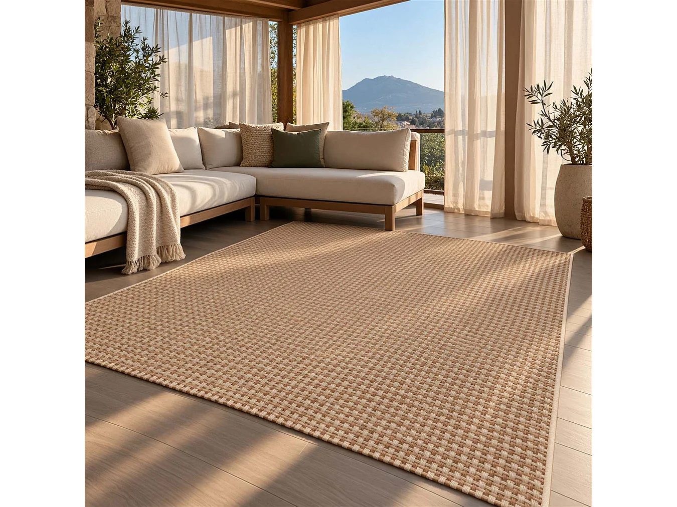 The White Stone Outdoor Teppich mit Karomuster 200x290 cm Karamell | Für innen und außen, UV-beständig, wasserfest und waschbar | Flachgewebe aus Polypropylen in