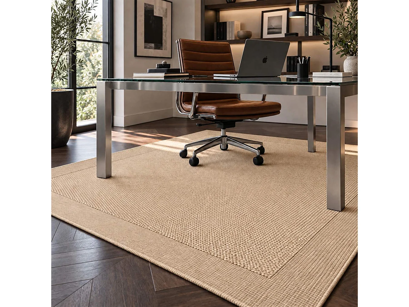 The White Stone Utomhusmatta med bård 160x230 cm beige | För inomhus- och utomhusbruk, UV- och vattentålig, tvättbar | Flatvävd matta i polypropen med sisal-look