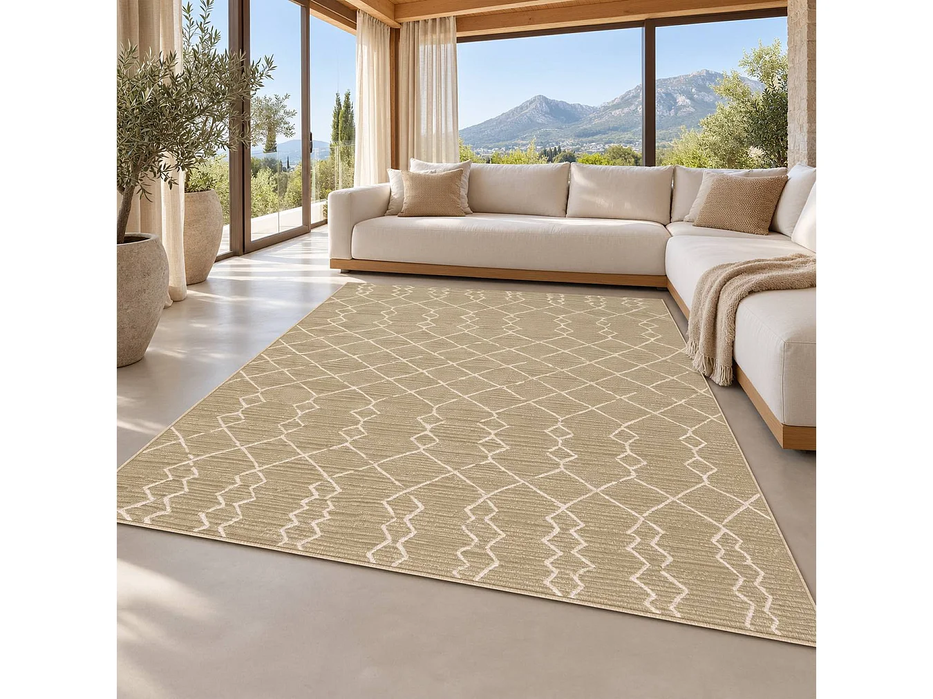 The White Stone Tapis Extérieur Motif Berbère 160x230 cm Beige | Pour Intérieur et Extérieur, Résistant aux UV et à l'Eau, Lavable | Tapis en Polypropylène Tissé à