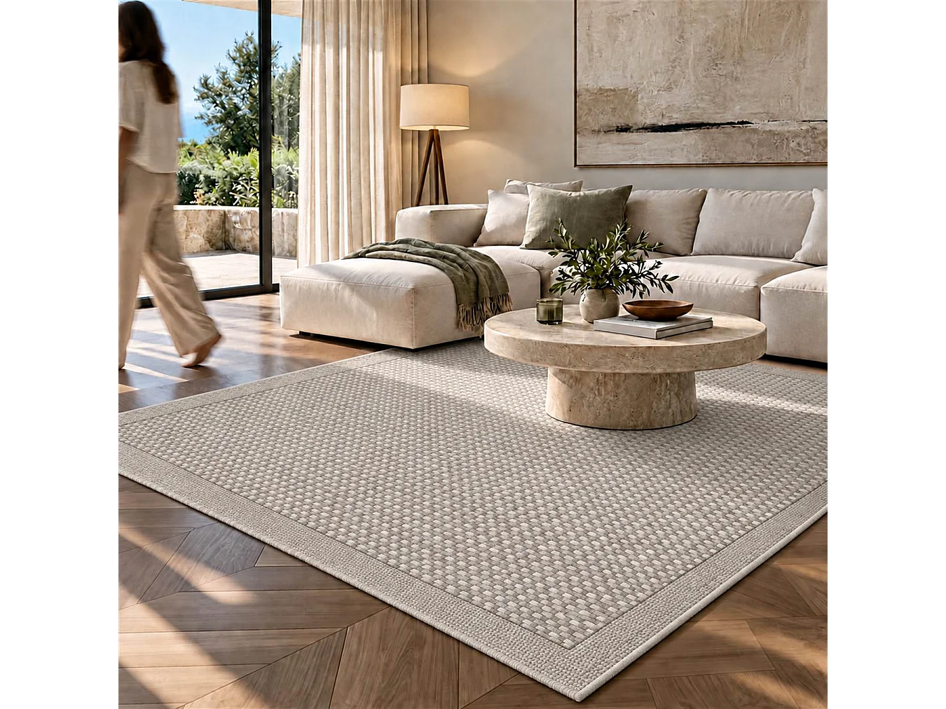 The White Stone Utomhusmatta med flätat mönster 200x290 cm greige | För inomhus- och utomhusbruk, UV- och vattentålig, tvättbar | Flatvävd matta med sisal-look