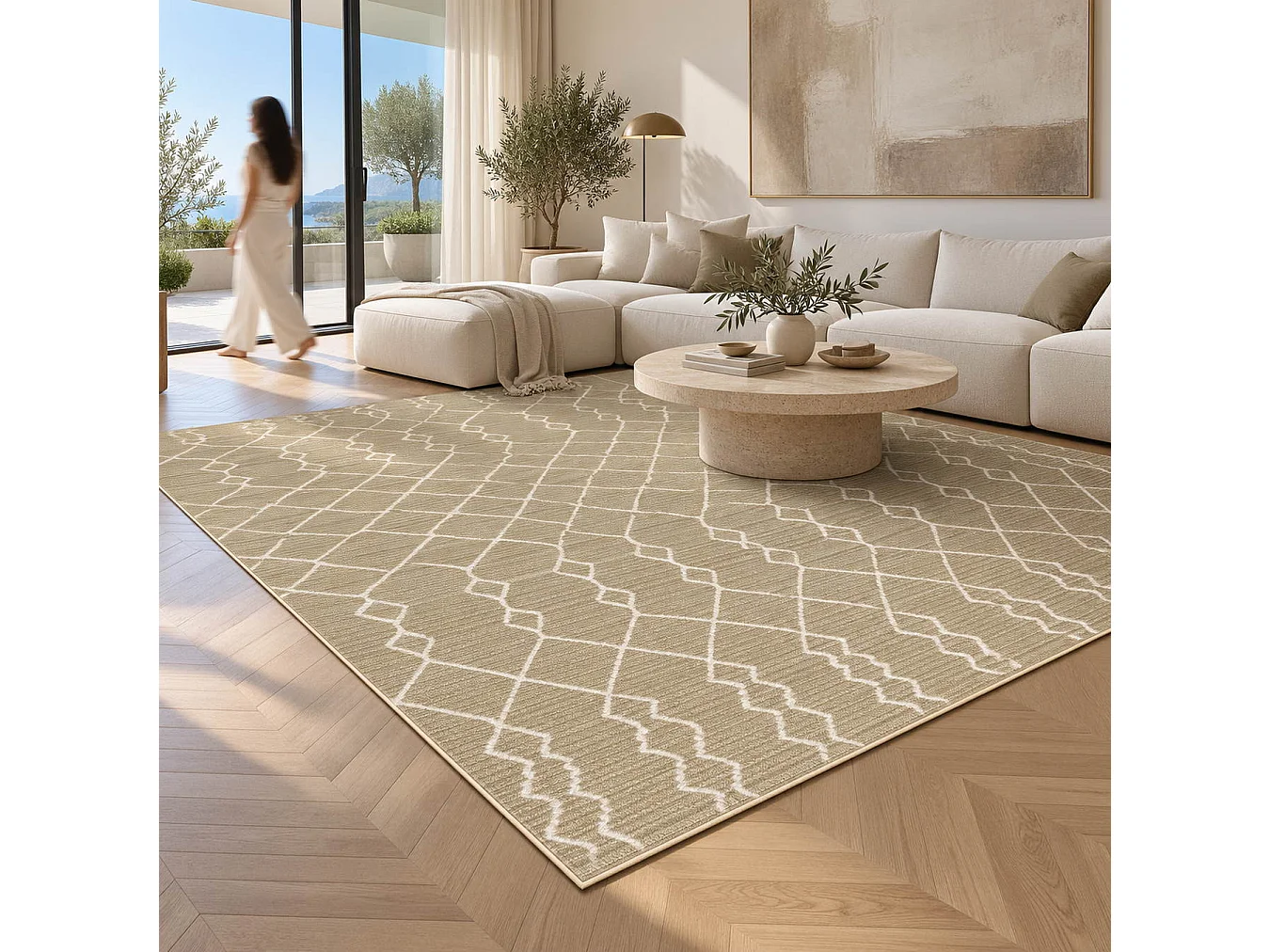 The White Stone Tappeto 200x290 cm Beige con Motivo Berbero per Interno ed Esterno | Resistente ai Raggi UV e all'Acqua, Lavabile | Tappeto in Polipropilene con
