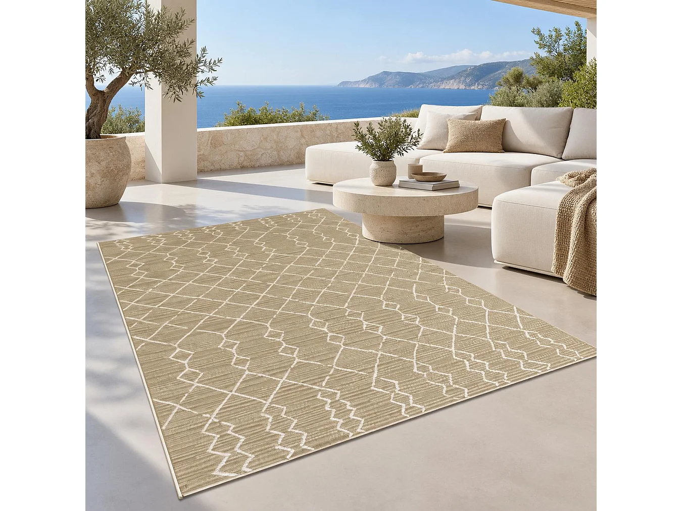The White Stone Tappeto 200x290 cm Beige con Motivo Berbero per Interno ed Esterno | Resistente ai Raggi UV e all'Acqua, Lavabile | Tappeto in Polipropilene con