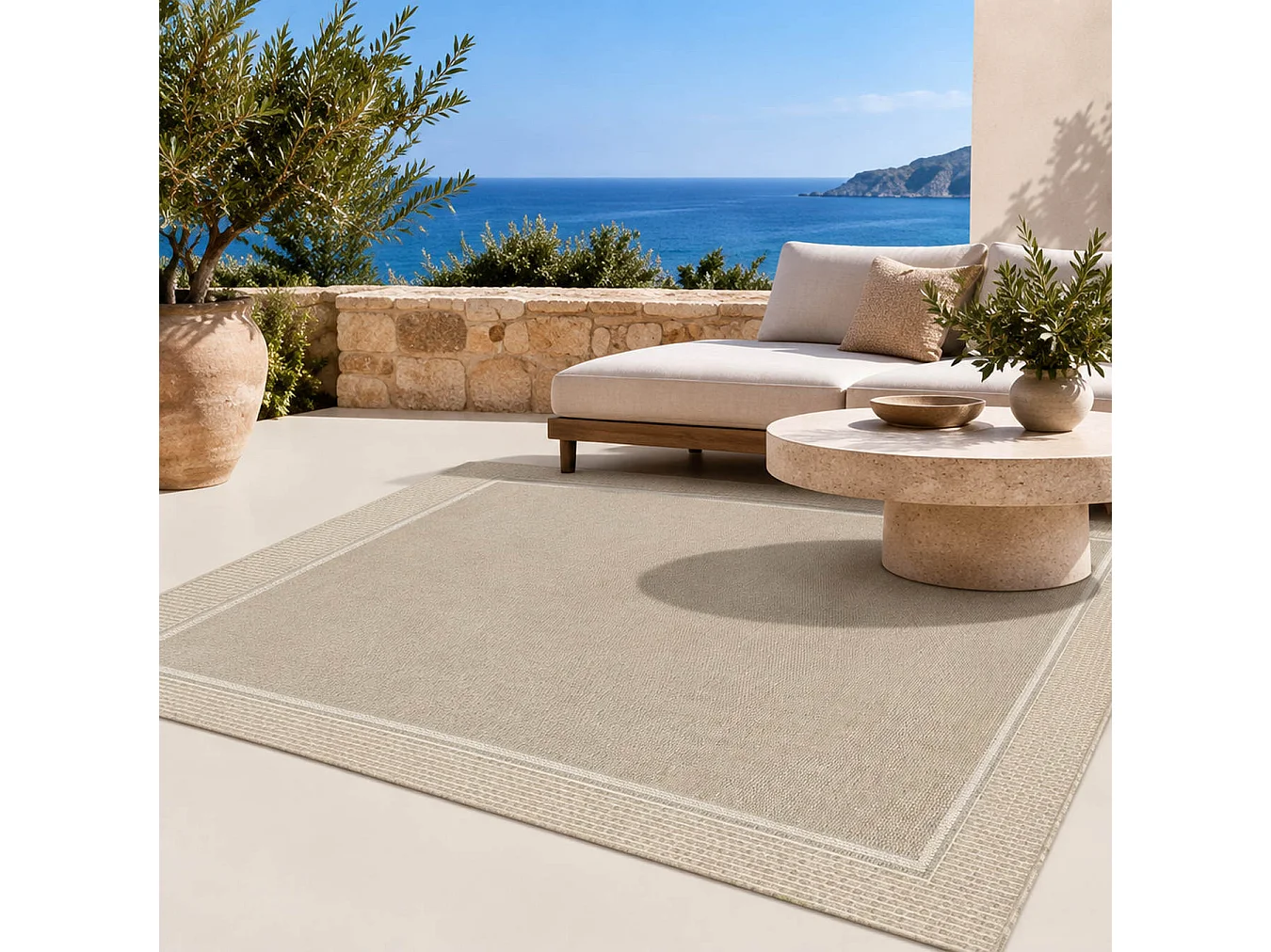 The White Stone Utomhusmatta med bård 200x290 cm olivgrön | För inomhus- och utomhusbruk, UV- och vattentålig, tvättbar | Flatvävd matta i polypropen med sisal-look