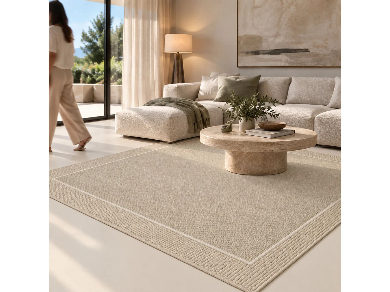 The White Stone Utomhusmatta med bård 200x290 cm olivgrön | För inomhus- och utomhusbruk, UV- och vattentålig, tvättbar | Flatvävd matta i polypropen med sisal-look
