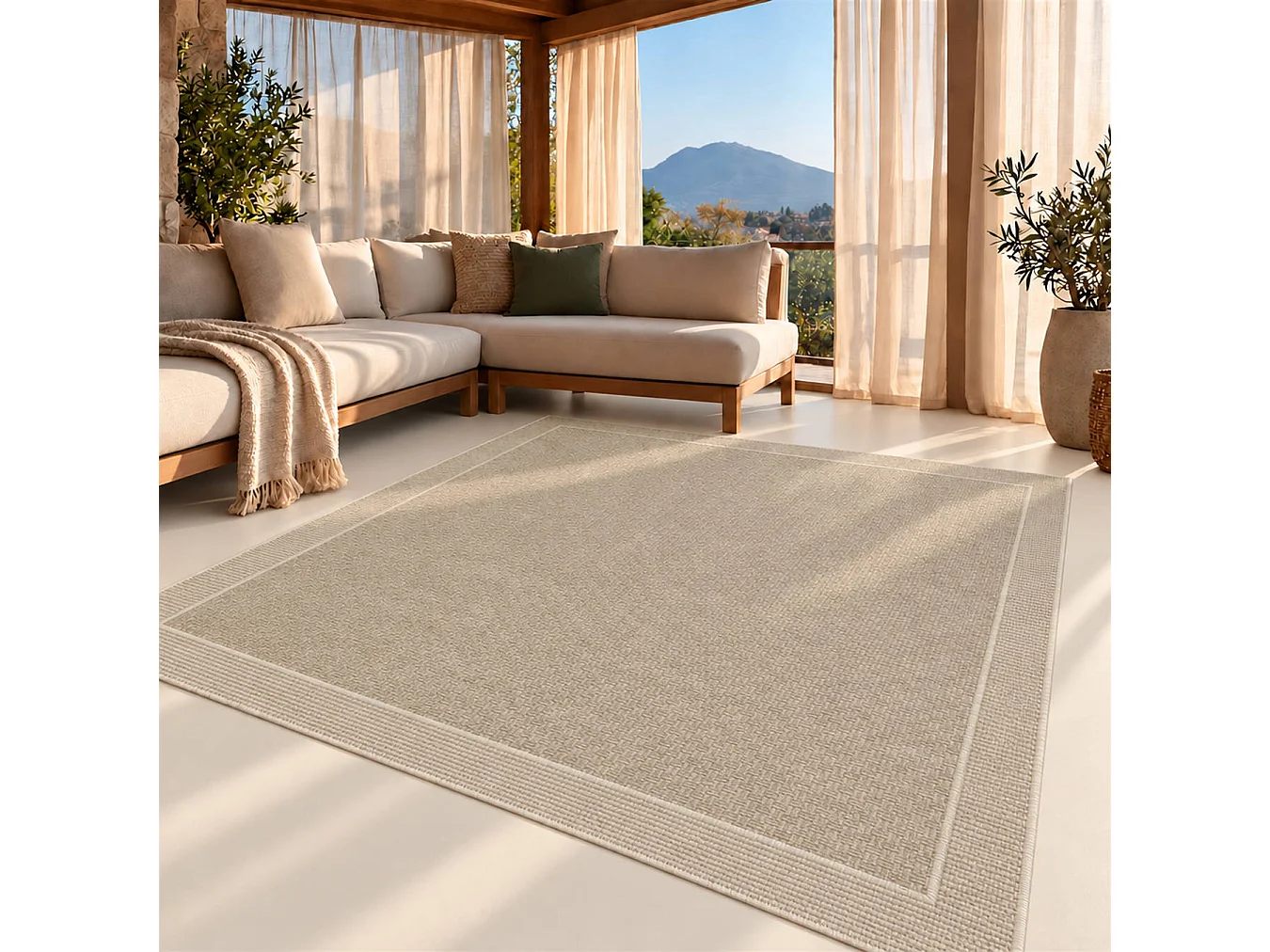 The White Stone Utomhusmatta med bård 200x290 cm olivgrön | För inomhus- och utomhusbruk, UV- och vattentålig, tvättbar | Flatvävd matta i polypropen med sisal-look