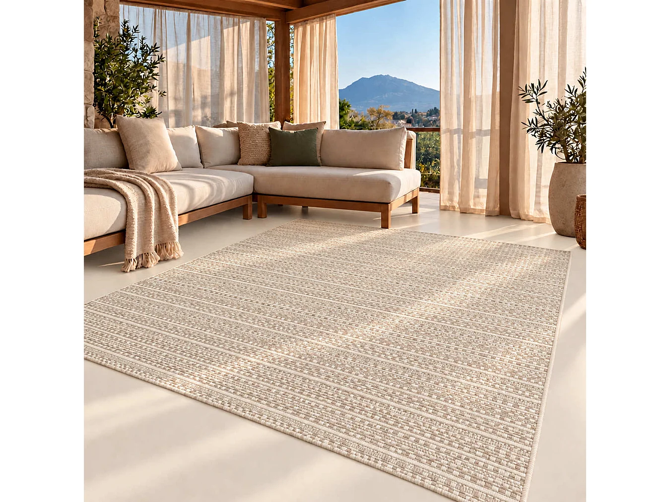 The White Stone Tapis Extérieur à Rayures 200x290 cm Tourterelle | Pour Intérieur et Extérieur, Résistant aux UV et à l'Eau, Lavable | Tapis en Polypropylène Tissé