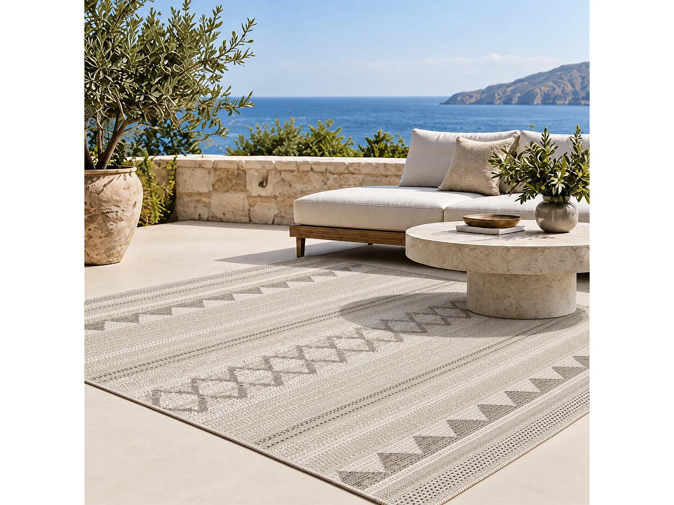 The White Stone Tappeto 200x290 cm Beige con Motivo Etnico per Interno ed Esterno | Resistente ai Raggi UV e all'Acqua, Lavabile | Tappeto in Polipropilene con