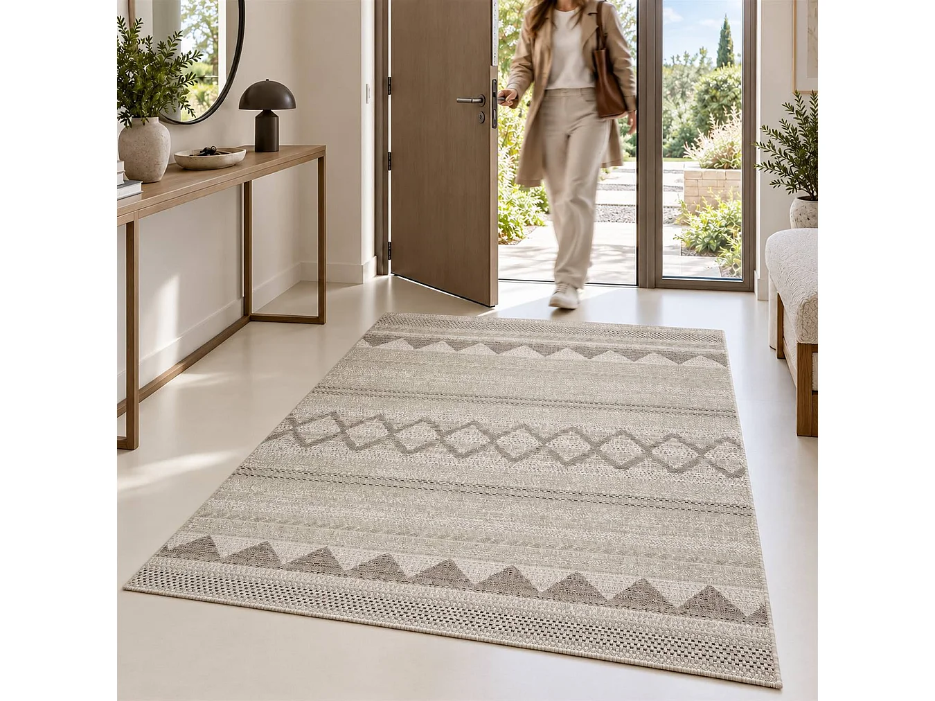 The White Stone Tappeto 200x290 cm Beige con Motivo Etnico per Interno ed Esterno | Resistente ai Raggi UV e all'Acqua, Lavabile | Tappeto in Polipropilene con