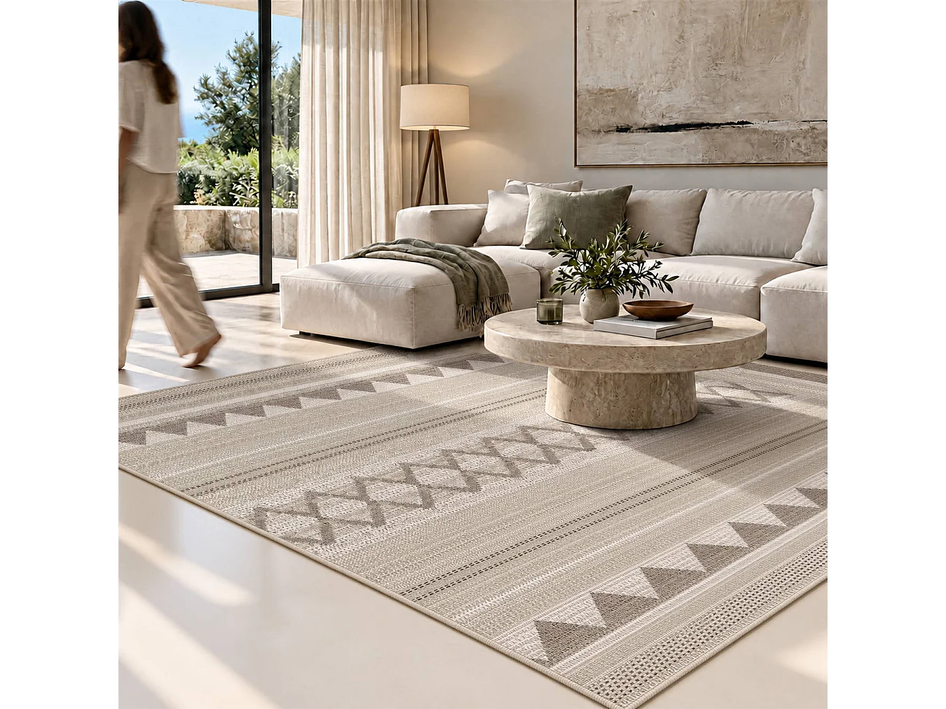 The White Stone Tappeto 200x290 cm Beige con Motivo Etnico per Interno ed Esterno | Resistente ai Raggi UV e all'Acqua, Lavabile | Tappeto in Polipropilene con