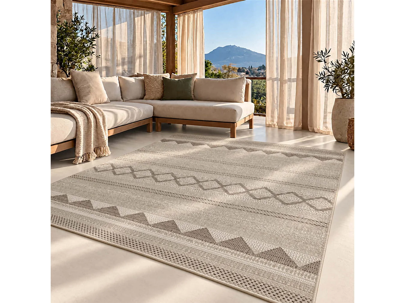The White Stone Tappeto 200x290 cm Beige con Motivo Etnico per Interno ed Esterno | Resistente ai Raggi UV e all'Acqua, Lavabile | Tappeto in Polipropilene con