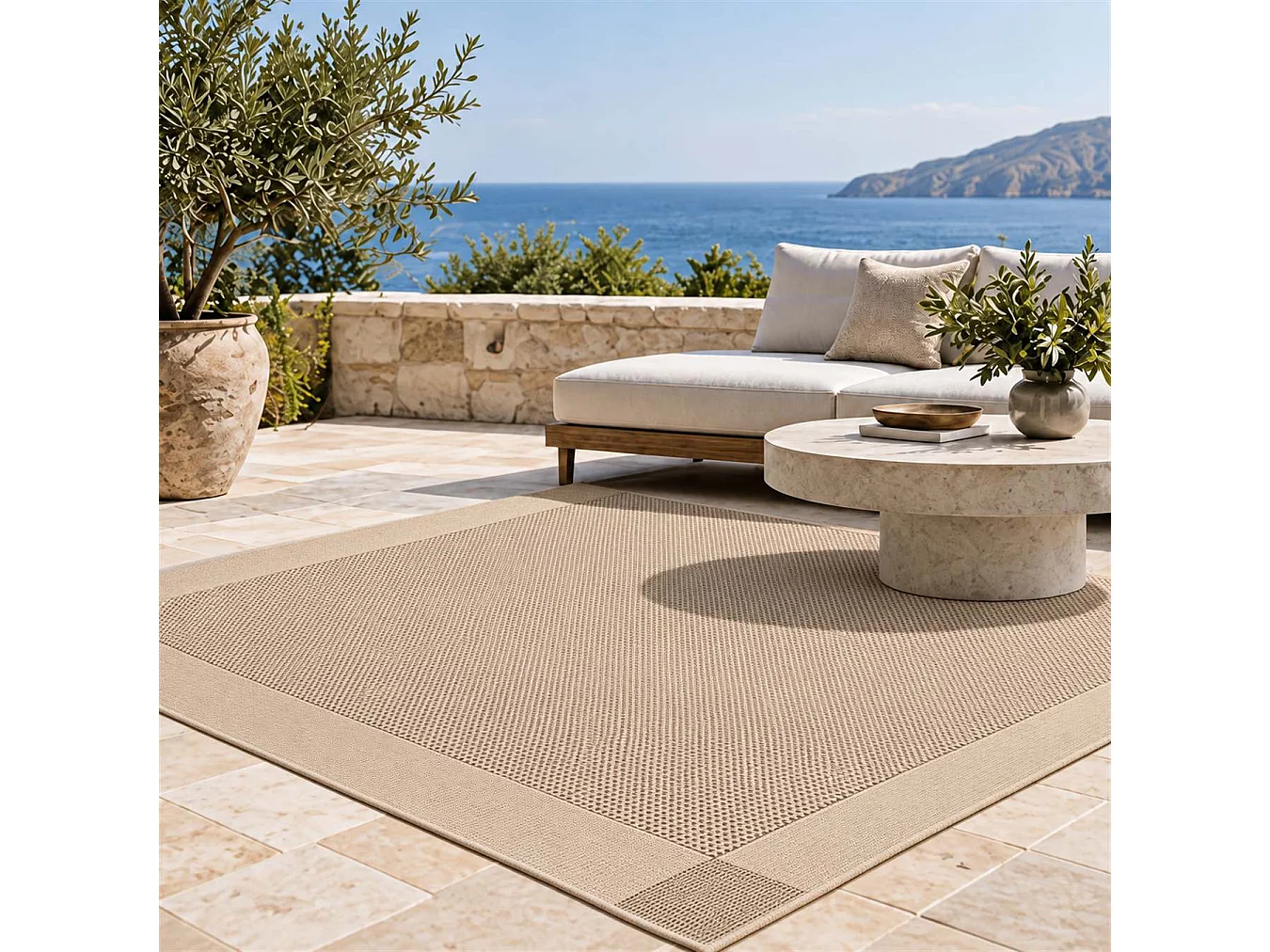 The White Stone Tapis Extérieur avec Bande Extérieure 160x230 cm Tourterelle | Pour Intérieur et Extérieur, Résistant aux UV et à l'Eau, Lavable | Tapis en