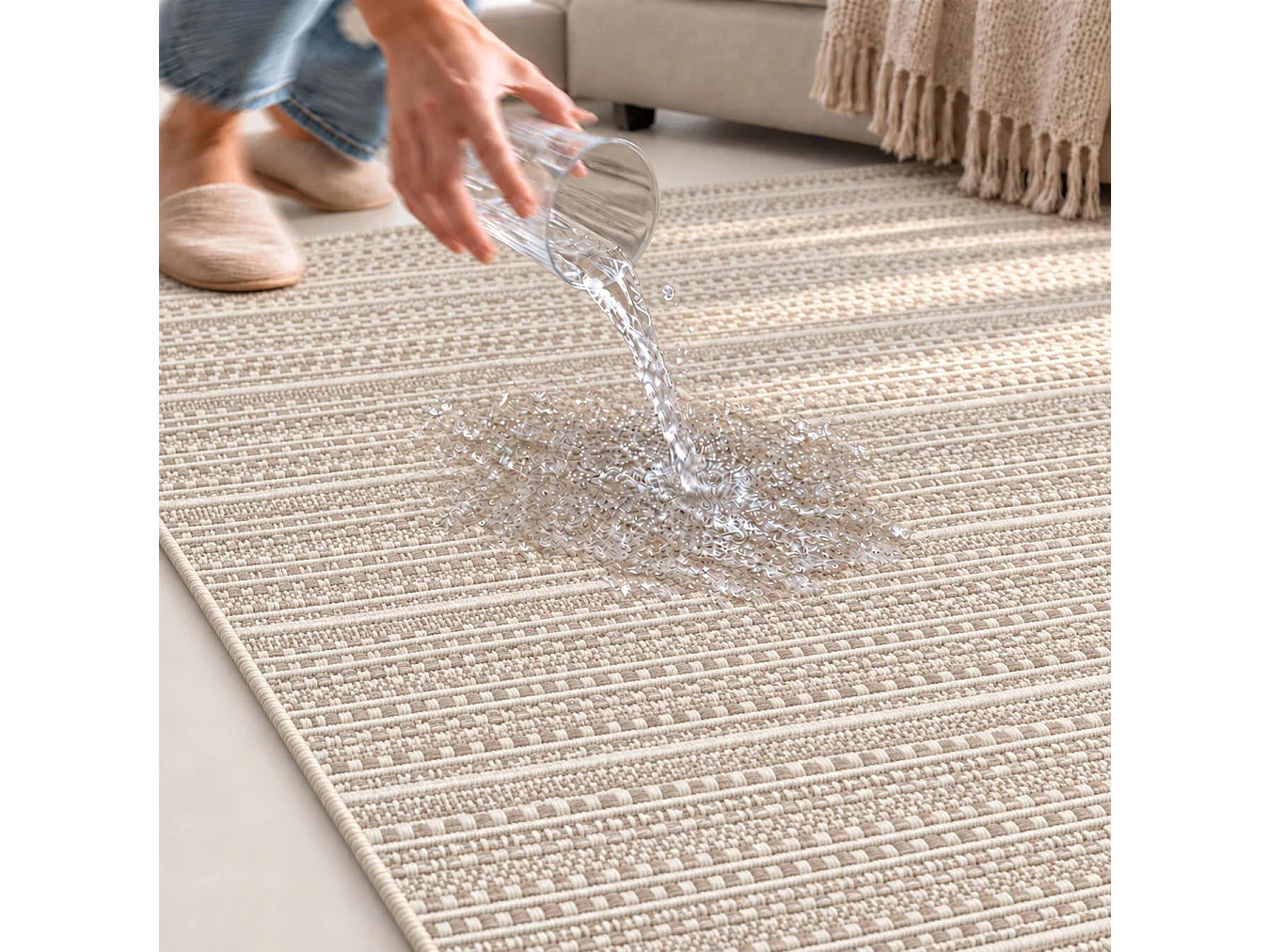 The White Stone Utomhusmatta med ränder 140x200 cm duvgrå | För inomhus- och utomhusbruk, UV- och vattentålig, tvättbar | Flatvävd matta i polypropen med sisal-look