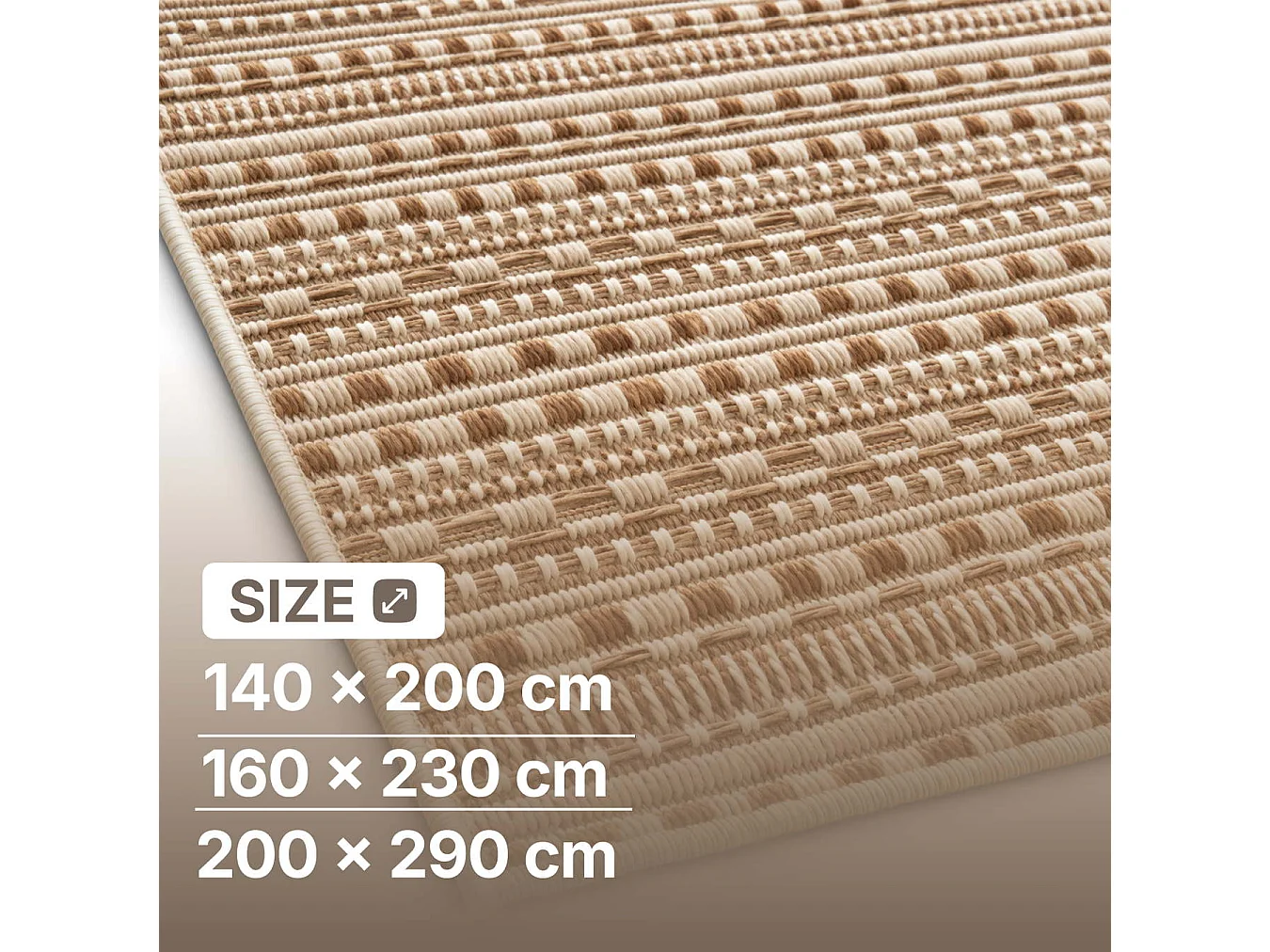 The White Stone Utomhusmatta med ränder 200x290 cm karamell | För inomhus- och utomhusbruk, UV- och vattentålig, tvättbar | Flatvävd matta i polypropen med