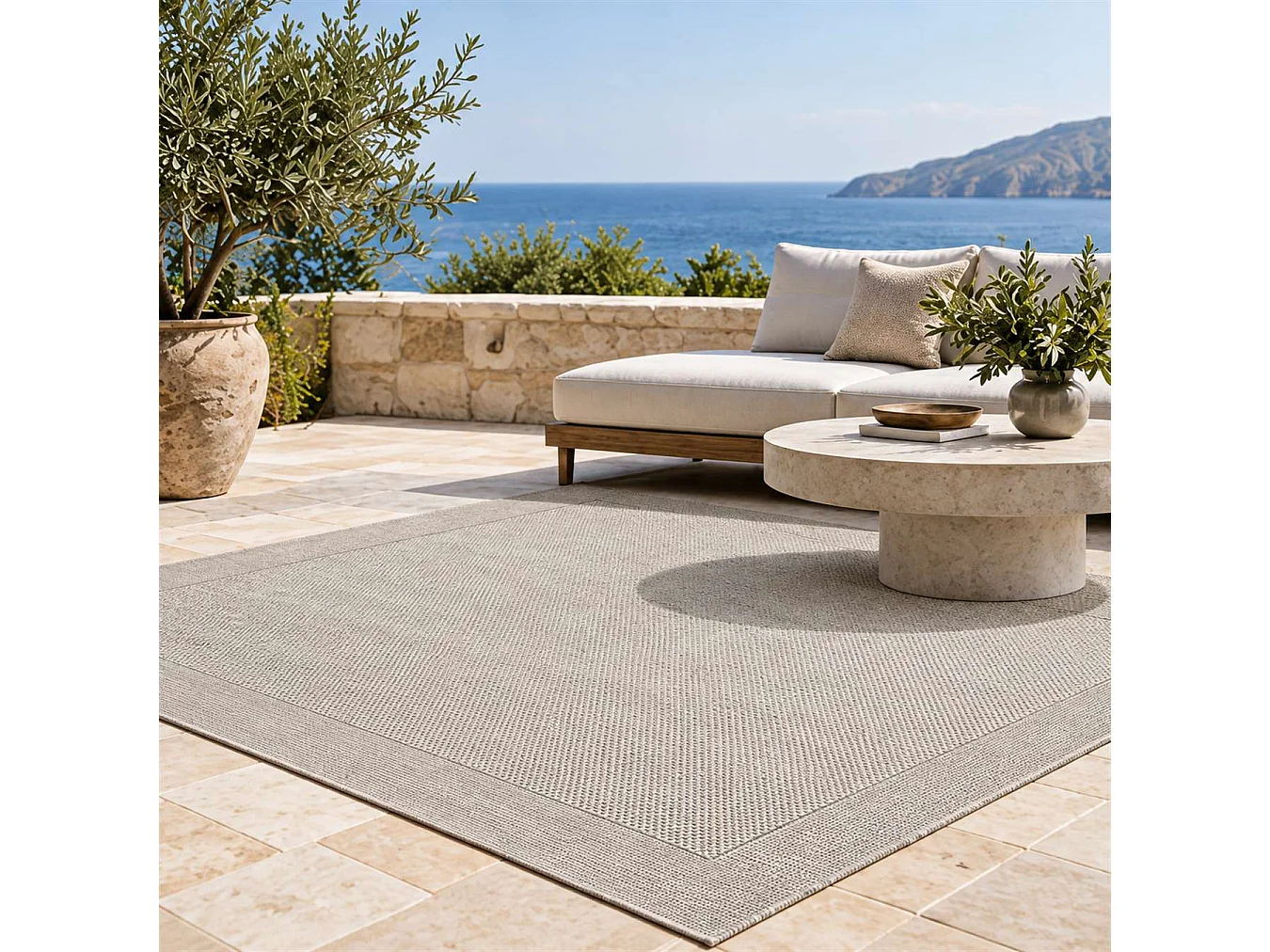 The White Stone Tapis Extérieur avec Bordure 160x230 cm Gris | Pour Intérieur et Extérieur, Résistant aux UV et à l'Eau, Lavable | Tapis en Polypropylène Tissé à