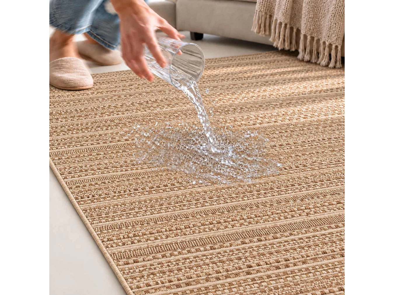 The White Stone Utomhusmatta med ränder 140x200 cm karamell | För inomhus- och utomhusbruk, UV- och vattentålig, tvättbar | Flatvävd matta i polypropen med