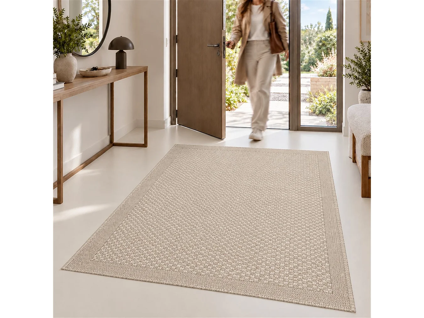 The White Stone Tapis Extérieur Effet Tressé 200x290 cm Pierre | Pour Intérieur et Extérieur, Résistant aux UV et à l'Eau, Lavable | Tapis Tissé à Plat Effet Sisal