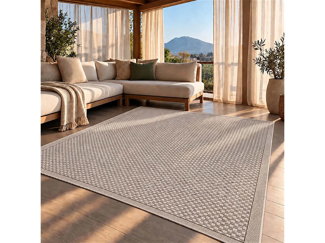 The White Stone Tapis Extérieur Effet Tressé 140x200 cm Greige | Pour Intérieur et Extérieur, Résistant aux UV et à l'Eau, Lavable | Tapis Tissé à Plat Effet Sisal