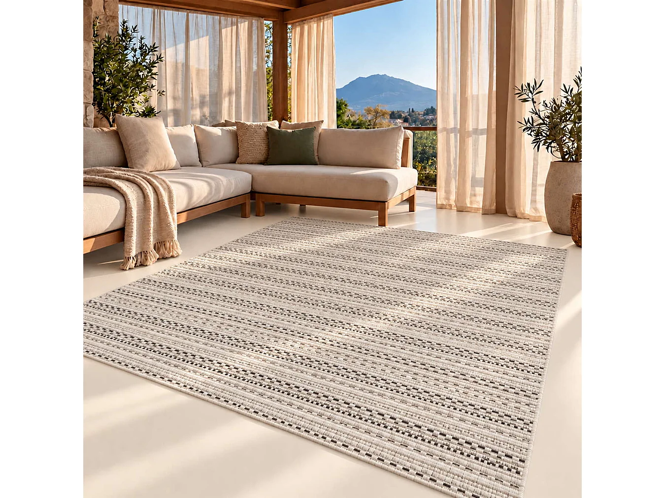 The White Stone Utomhusmatta med ränder 200x290 cm isgrå | För inomhus- och utomhusbruk, UV- och vattentålig, tvättbar | Flatvävd matta i polypropen med sisal-look