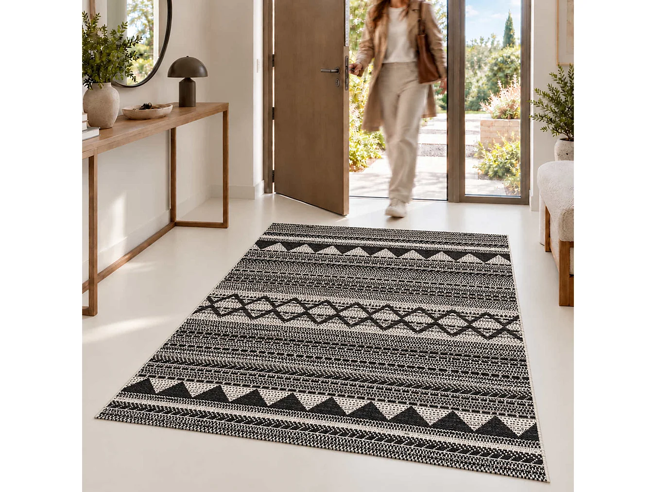 The White Stone Buitenkleed met etnisch patroon 160x230 cm zwart | Voor binnen en buiten, UV- en waterbestendig, wasbaar | Platgeweven vloerkleed van polypropyleen