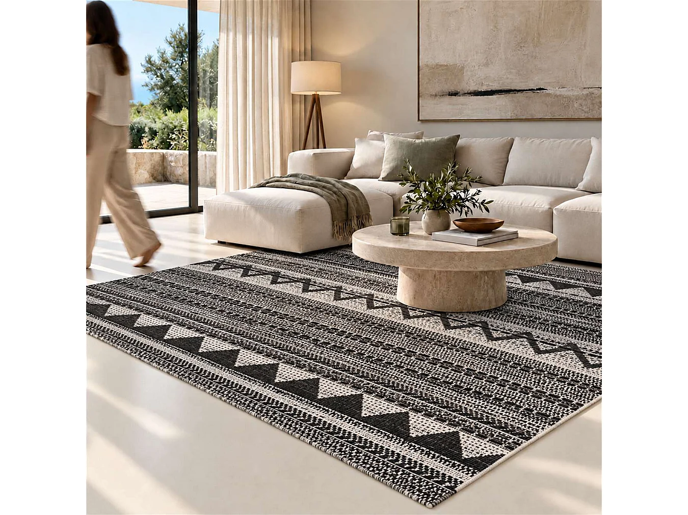 The White Stone Buitenkleed met etnisch patroon 160x230 cm zwart | Voor binnen en buiten, UV- en waterbestendig, wasbaar | Platgeweven vloerkleed van polypropyleen