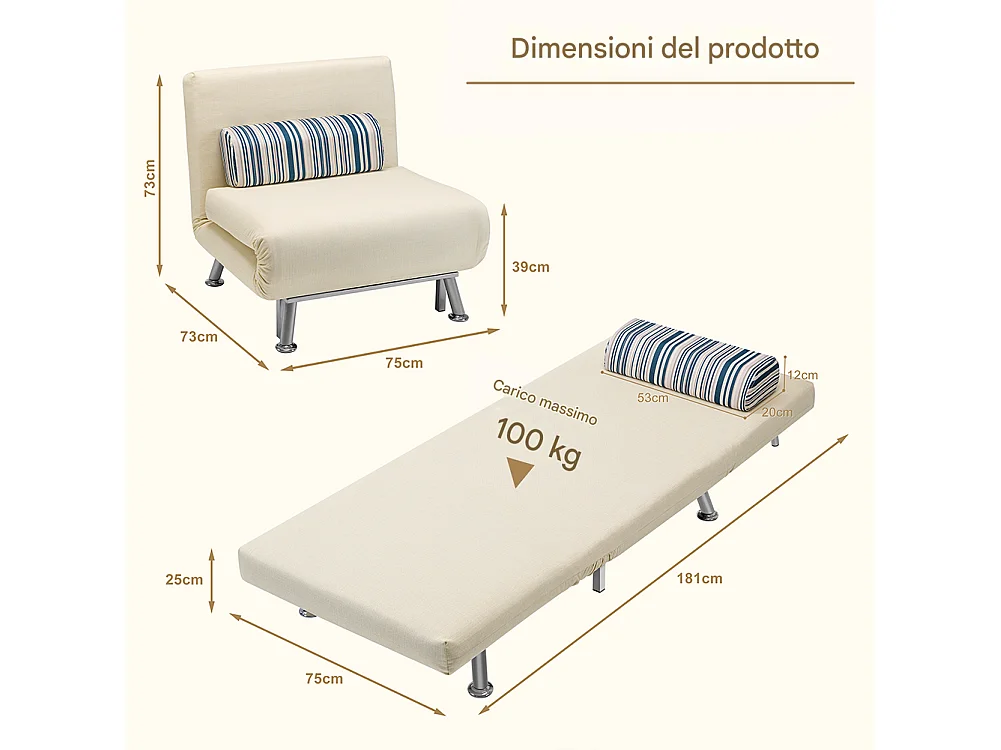 Poltrona Divano Letto 1 Posto Singolo in Ferro e Tessuto Reclinabile 75x73 Crema
