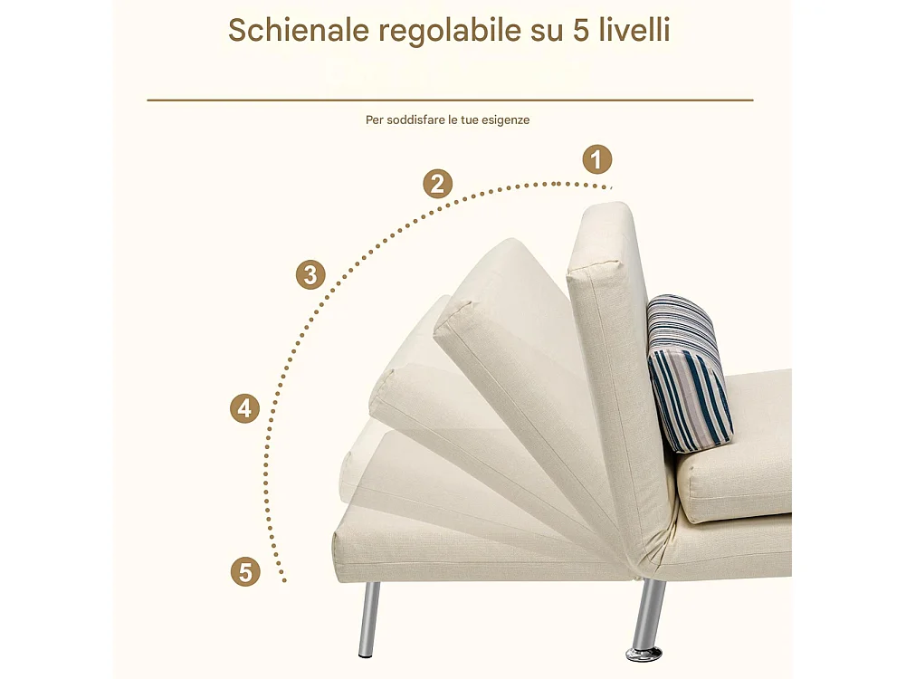 Poltrona Divano Letto 1 Posto Singolo in Ferro e Tessuto Reclinabile 75x73 Crema