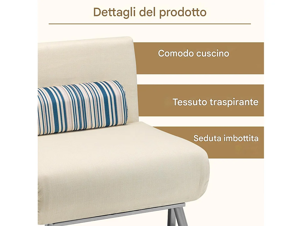 Poltrona Divano Letto 1 Posto Singolo in Ferro e Tessuto Reclinabile 75x73 Crema