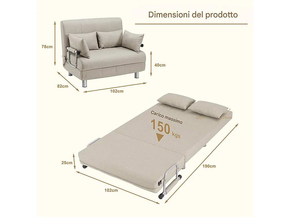 Divano Poltrona Letto 2 Posti una Piazza e mezza Ferro Tessuto Reclinabile Crema