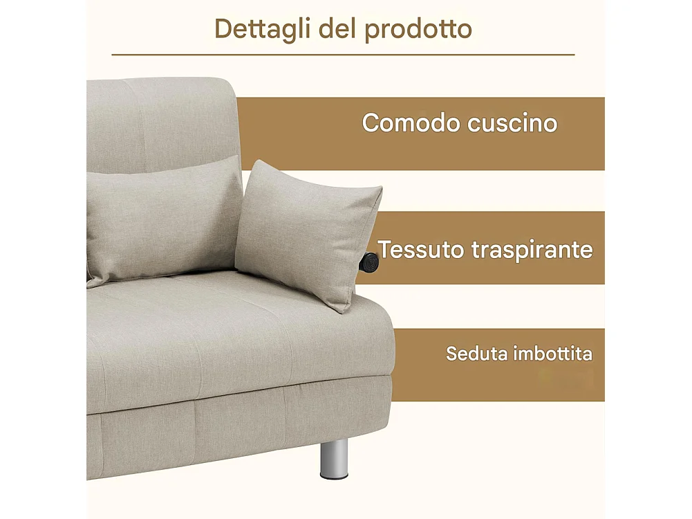 Divano Poltrona Letto 2 Posti una Piazza e mezza Ferro Tessuto Reclinabile Crema