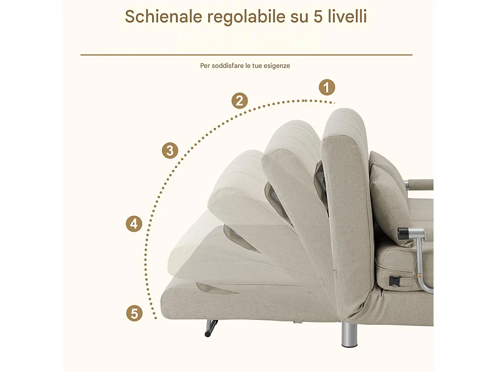 Divano Poltrona Letto 2 Posti una Piazza e mezza Ferro Tessuto Reclinabile Crema