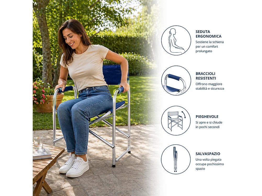 Sedia Regista Struttura in Alluminio Rivestimento Tessuto Oxford Blu 57x48x78cm