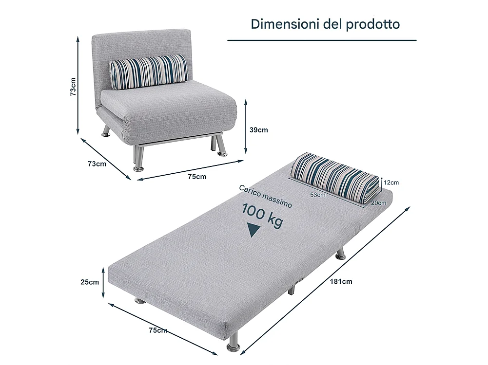 Poltrona Divano Letto 1 Posto Singolo in Ferro e Tessuto Reclinabile 75x73 Grigi