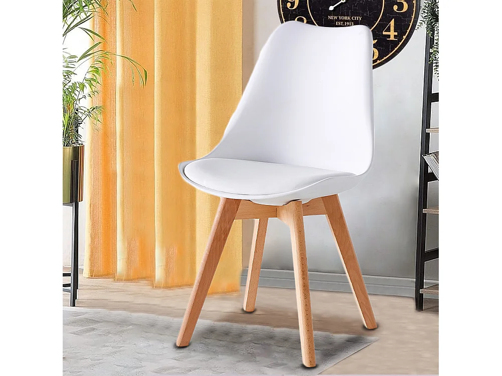 Set 4 Sedie da Pranzo Bianco Poltrona Ufficio Casa Gambe in Legno e Cuscino