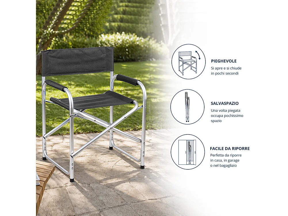 Sedia Regista Struttura Alluminio Rivestimento Tessuto Oxford Grigio 57x48x78cm