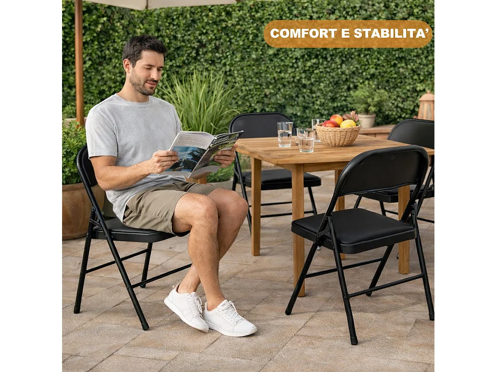 Set 4 Sedie Nere in Metallo e Seduta in Ecopelle Imbottita Sedia Ergonomica