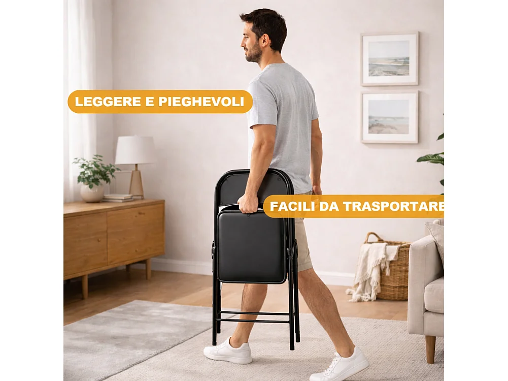 Set 4 Sedie Nere in Metallo e Seduta in Ecopelle Imbottita Sedia Ergonomica