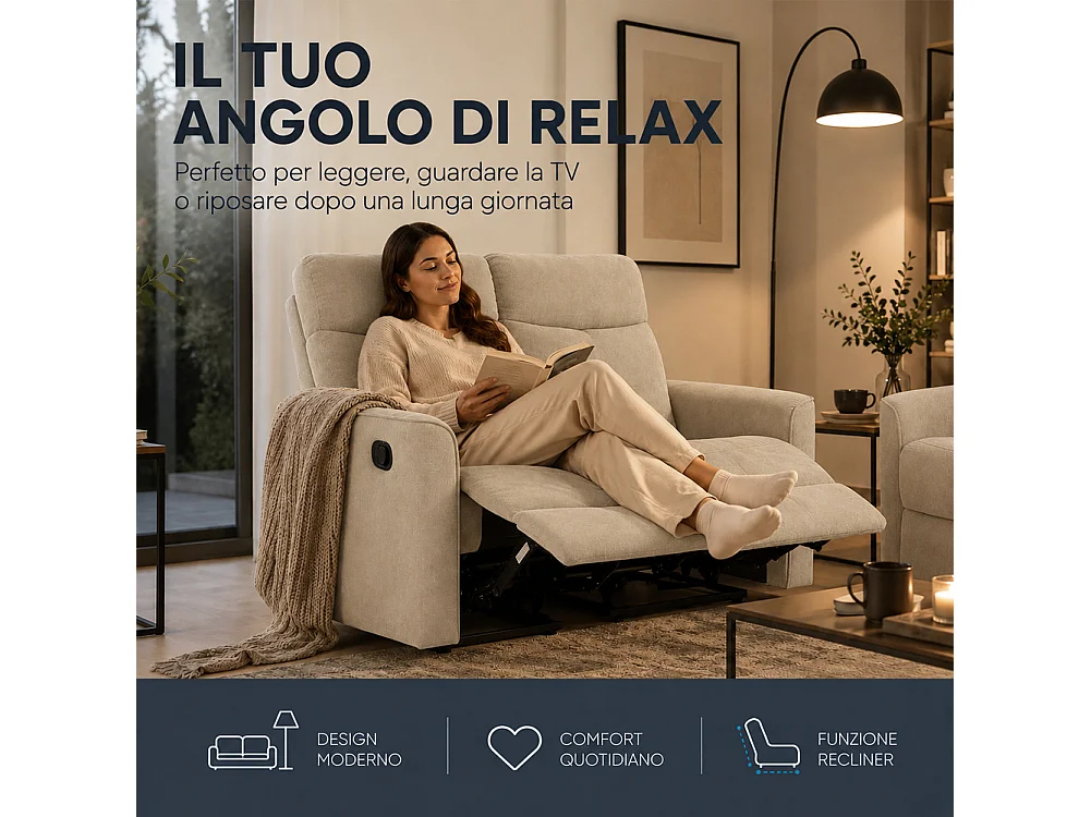 Divano 2 Posti Recliner Manuale Poltrona Reclinabile 2 Posti Tortora 132x96x103cm