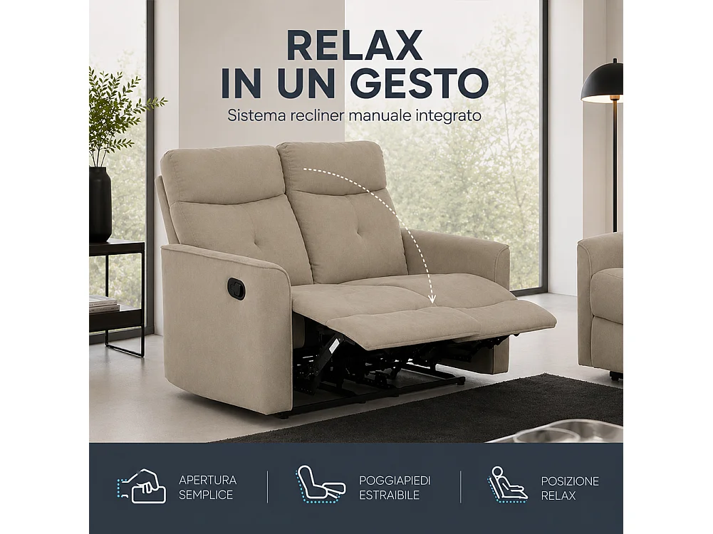 Divano 2 Posti Recliner Manuale Poltrona Reclinabile 2 Posti Tortora 132x96x103cm