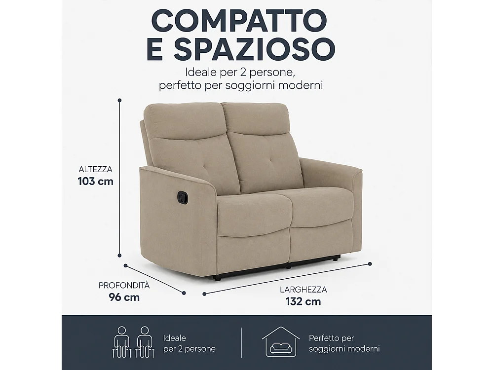 Divano 2 Posti Recliner Manuale Poltrona Reclinabile 2 Posti Tortora 132x96x103cm