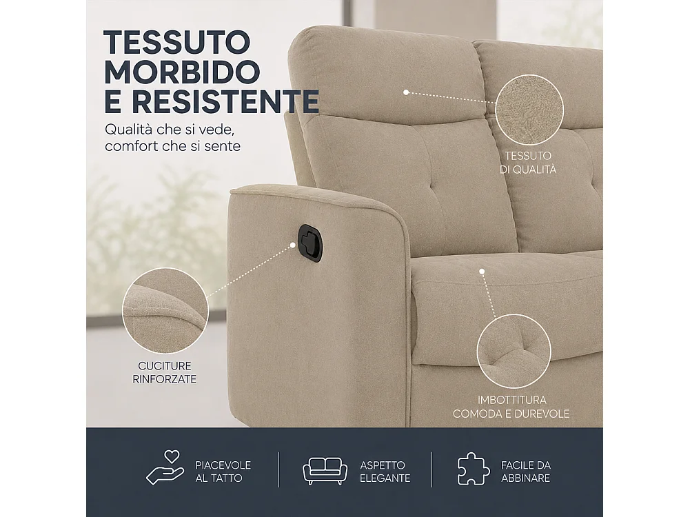 Divano 2 Posti Recliner Manuale Poltrona Reclinabile 2 Posti Tortora 132x96x103cm