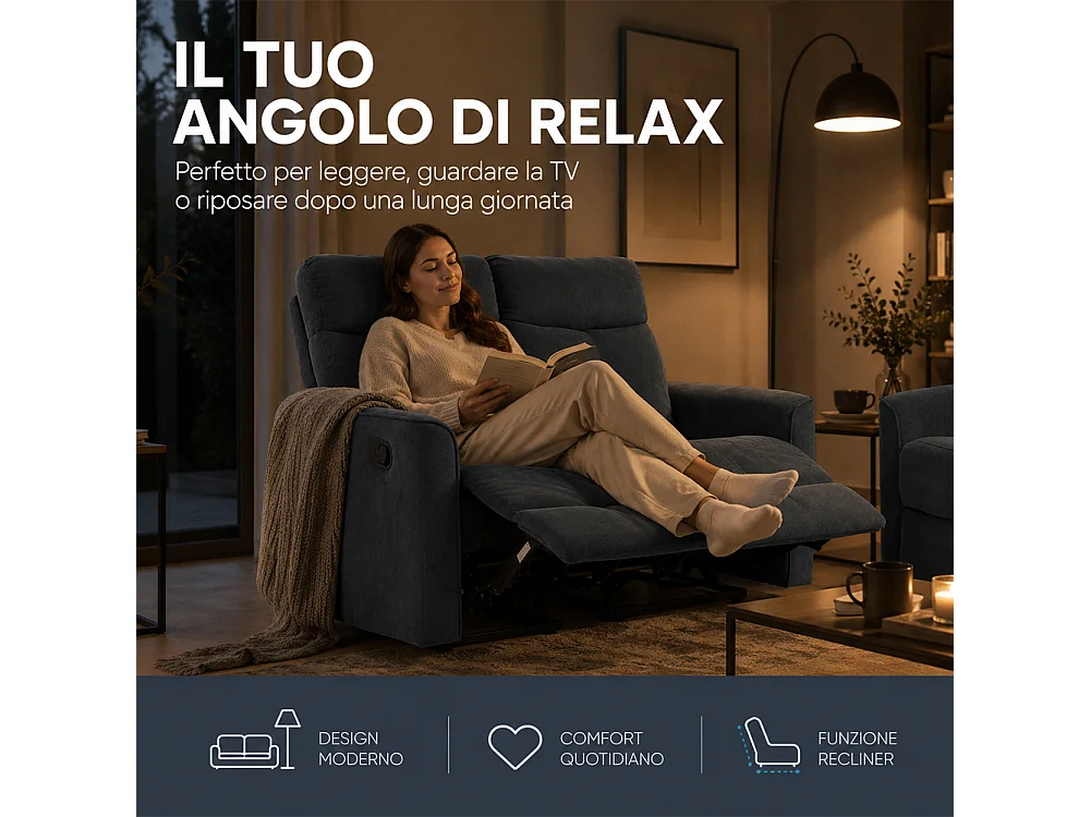 Divano 2 Posti Recliner Manuale Poltrona Reclinabile 2 Posti Grigio 132x96x103cm