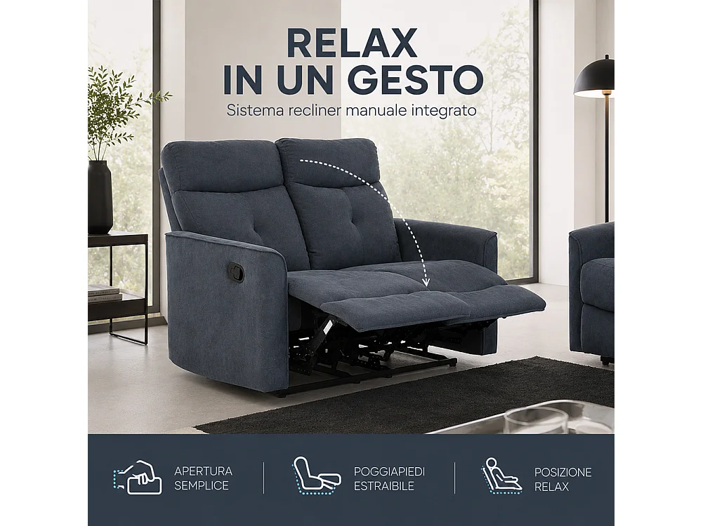 Divano 2 Posti Recliner Manuale Poltrona Reclinabile 2 Posti Grigio 132x96x103cm