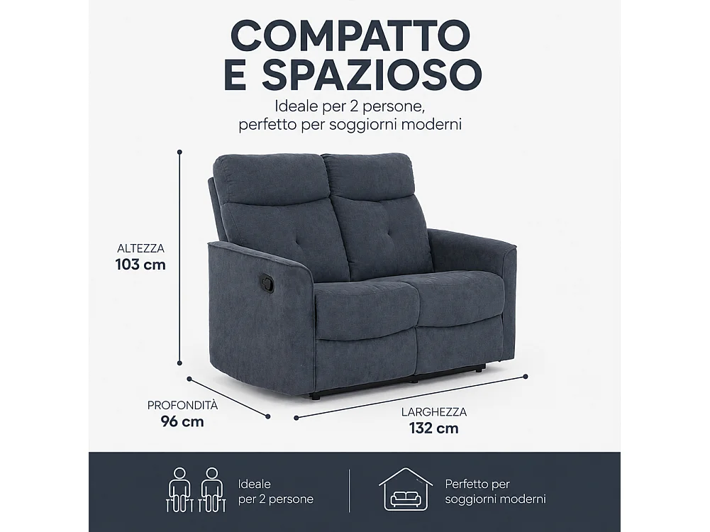 Divano 2 Posti Recliner Manuale Poltrona Reclinabile 2 Posti Grigio 132x96x103cm