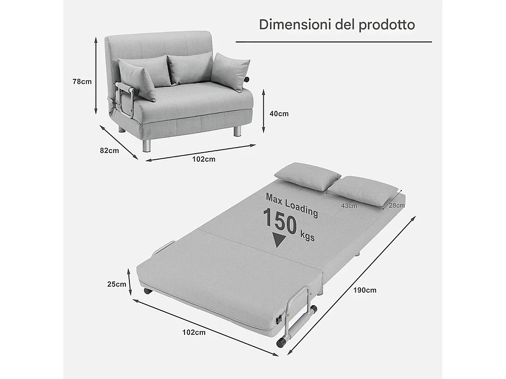 Divano Poltrona Letto 2 Posti una Piazza e mezza Ferro Tessuto Reclinabile Grigio