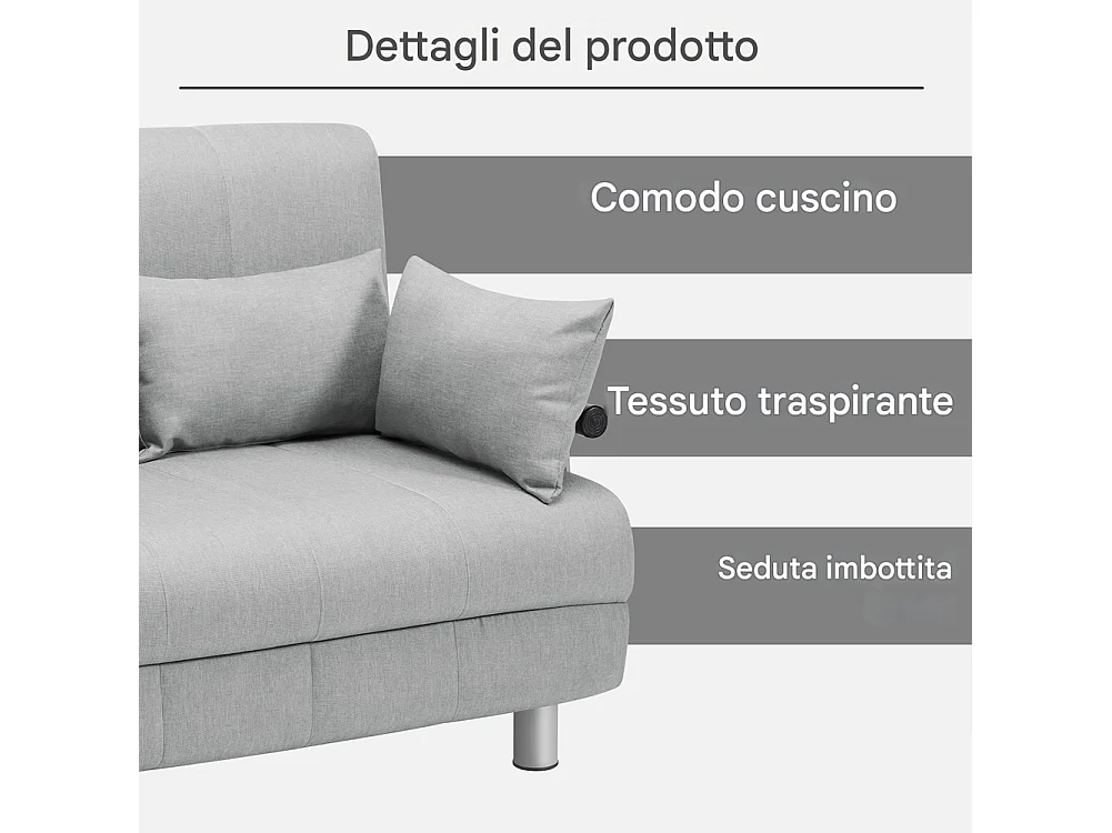 Divano Poltrona Letto 2 Posti una Piazza e mezza Ferro Tessuto Reclinabile Grigio